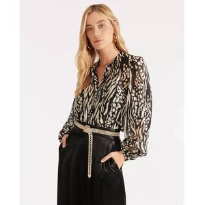 Veronica Beard • Ashlynn Blouse 100% silk chiffon ikat animal print zebra black